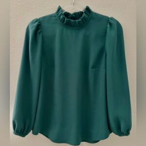 JCrew Emerald Green Ruffle Neck Long Sleeve Blouse